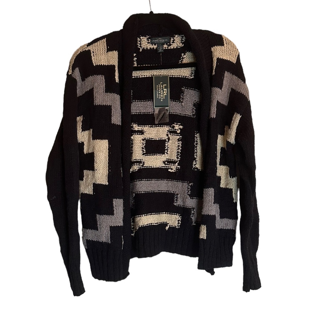 Lauren Ralph Lauren Black, Cream & Gray Geometric Open-Front Cardigan
